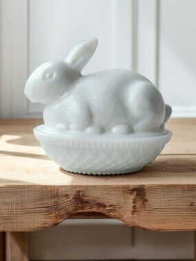 White Milk Glass Bunny on Nest Vintage Imperial Glass Rabbit Trinket Dish Easter